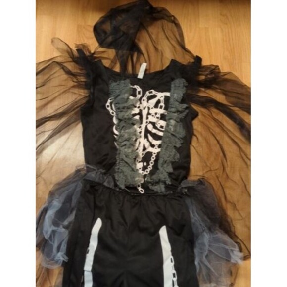 Grim Reaper Girl Large Kids Halloween Costume Skeleton Dress Cape Leggings - Picture 9 of 11